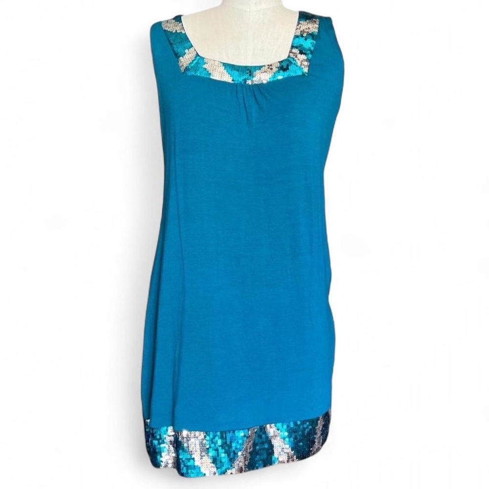 Vintage Turquoise Sequin Sparkle Tank Dress Medium EUC